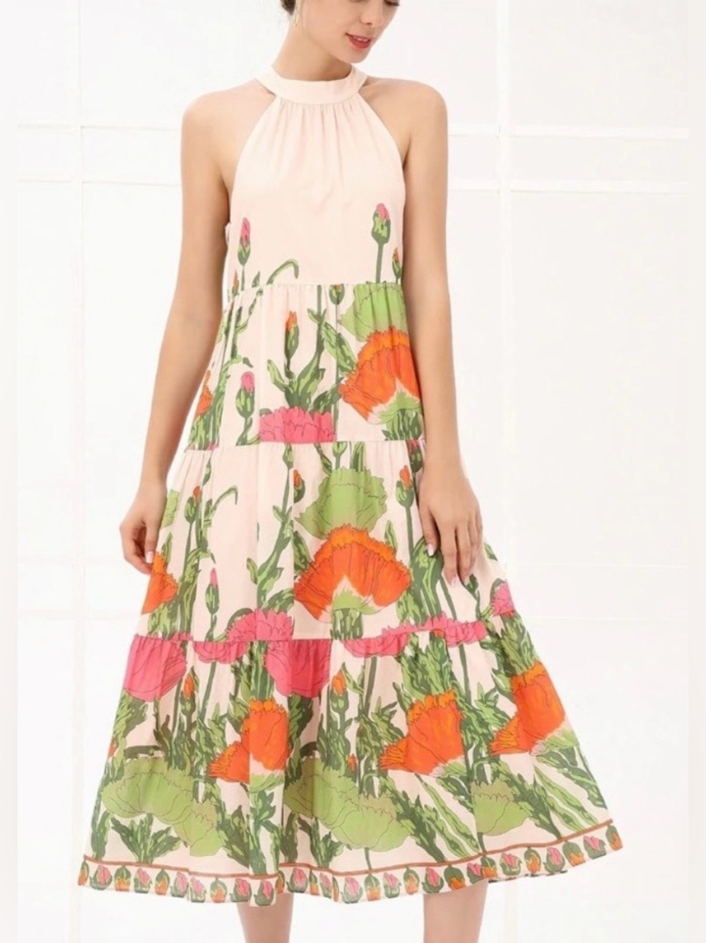 Julie Brown Cotton Sleeveless Pink Floral Tiered Midi Dress Size 4